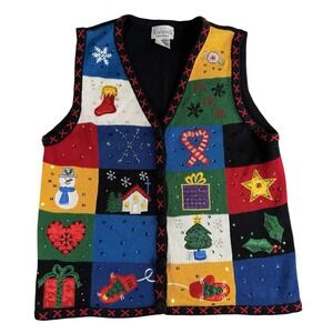 Basic Editions Christmas Sweater Vest Womens L Embellished Holidays Santa Winter